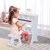 Qaba 37-Key Kids Princess Electronic Piano Toddler Toy Keyboard with Stool, MP3, Record, Light and Microphone for 3 years+, White(m-2)