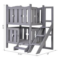 PawHut 2-Story Wooden Cat House with 2 Elevated Pet Beds, Protective & Secure Side Rails & Sturdy Wooden Design - Grey(m-3)