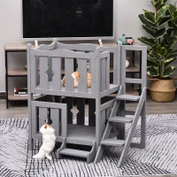 PawHut 2-Story Wooden Cat House with 2 Elevated Pet Beds, Protective & Secure Side Rails & Sturdy Wooden Design - Grey(m-2)
