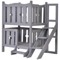 PawHut 2-Story Wooden Cat House with 2 Elevated Pet Beds, Protective & Secure Side Rails & Sturdy Wooden Design - Grey(m-1)