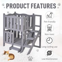 PawHut 2-Story Wooden Cat House with 2 Elevated Pet Beds, Protective & Secure Side Rails & Sturdy Wooden Design - Grey(m-6)
