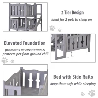 PawHut 2-Story Wooden Cat House with 2 Elevated Pet Beds, Protective & Secure Side Rails & Sturdy Wooden Design - Grey(m-4)