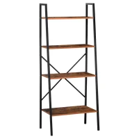 HOMCOM Wooden Metal 4 Tier Vintage Rustic Industrial Ladder Style Bookcase Shelf, Black/Vintage wood(m-10)