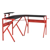 HOMCOM L-Shaped Gaming Desk, Corner Computer Desk, Gaming Table with Carbon Fiber Desktop, Adjustable Monitor Stand, Cup Holder, Headphone Hook and K Frame, Red/Black(m-10)
