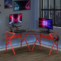 HOMCOM L-Shaped Gaming Desk, Corner Computer Desk, Gaming Table with Carbon Fiber Desktop, Adjustable Monitor Stand, Cup Holder, Headphone Hook and K Frame, Red/Black(m-7)