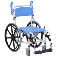HomCom Rolling Shower Wheelchair Bath Toilet Commode Bariatric with 24" Wheels, Detachable Bucket & Shower-Proof Design, 17" Seat Width, Blue(m-9)