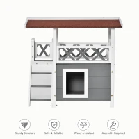 PawHut Wooden Cat House, 2-Floor Feral Cat Shelter, Kitten Condo Outdoor, Small Dog House with Balcony, Stairs, Asphalt Roof, White(m-4)