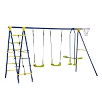 Outsunny Swing Set Outdoor for Kids, w/ Adjustable Height Seat, Basket Hoop, Glider(m-1)