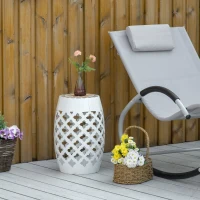Outsunny 12" Patio Round Side Table, Outdoor Footstool, Garden Mosaic Accent Side Table, Plant Stand, White(m-2)