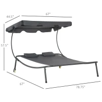 Outsunny Patio Double Chaise Lounge Bed, Outdoor Sun Lounger with Adjustable Canopy and Headrests, Grey(m-2)
