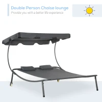 Outsunny Patio Double Chaise Lounge Bed, Outdoor Sun Lounger with Adjustable Canopy and Headrests, Grey(m-3)