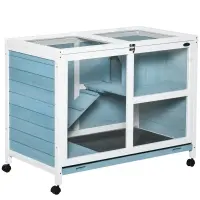 PawHut Fir Wood Rabbit Hutch Indoor Home with a Living Room for Sleeping Run Area, Blue(m-1)