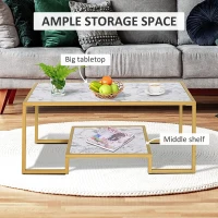 HOMCOM Minimalist Art Deco Coffee Table with Laminate Marble Print Table Top & Underneath Storage Shelf, White & Gold(m-4)
