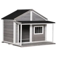 PawHut Outdoor Dog House Cabin Style, Wooden Raised Pet Kennel with Asphalt Roof, Front Door, Side Window, Porch for Medium/Large Dogs, Loading 53 Lbs., Grey(m-1)
