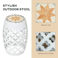 Outsunny 12" Patio Round Side Table, Outdoor Footstool, Garden Mosaic Accent Side Table, Plant Stand, White(m-4)