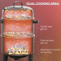 Outsunny 3-in-1 Vertical Charcoal BBQ Smoker Grill with 2 Cooking Areas and Thermometer(m-5)