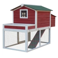 PawHut 63" Wooden Chicken Coop Hen House Poultry Cage for Outdoor Backyard with Raised Garden Bed, Run Area, Nesting Box and Removable Tray, Red(m-10)