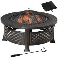 Outsunny 32" Outdoor Fire Pit Grill & Ice Bucket Table, Portable Steel Wood Burning Bowl, Cooking Grate, Poker, Rain Cover, Spark Screen Lid(m-1)