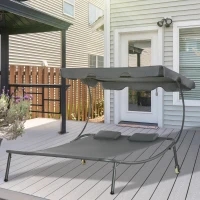 Outsunny Patio Double Chaise Lounge Bed, Outdoor Sun Lounger with Adjustable Canopy and Headrests, Grey(m-7)