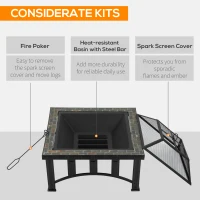 Outsunny 30" Outdoor Fire Pits, Square Steel Wood Burning Fire Pits with Spark Screen, Cooking Grill and Log Poker, Camping Fire Pit for Backyard, Patio(m-5)