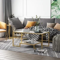 HOMCOM Minimalist Art Deco Coffee Table with Laminate Marble Print Table Top & Underneath Storage Shelf, White & Gold(m-8)