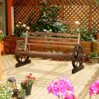 Outsunny Wooden Wagon Wheel Bench, 3-Person Rustic Slatted Seat, Outdoor Patio Furniture, Brown(m-8)