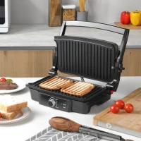 HOMCOM 4 Slice Panini Press Grill, Stainless Steel Sandwich Maker with Non-Stick Double Plates, Locking Lids and Drip Tray, Opens 180 Degrees to Fit Any Type or Size of Food 13"x10.25"x4.75"(m-12)