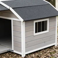 PawHut Outdoor Dog House Cabin Style, Wooden Raised Dog Shelter with Asphalt Roof, Front Door, Side Window, Porch for Medium to Large Dogs, Gray(m-11)