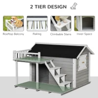 PawHut 2-Story Wooden Outdoor Dog House Shelter w/ Stairs & Balcony Medium, Large Dogs(m-4)