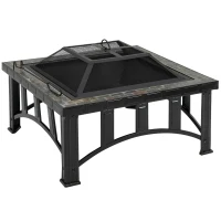 Outsunny 30" Outdoor Fire Pits, Square Steel Wood Burning Fire Pits with Spark Screen, Cooking Grill and Log Poker, Camping Fire Pit for Backyard, Patio(m-1)