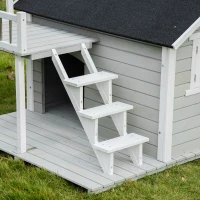 PawHut 2-Story Wooden Outdoor Dog House Shelter w/ Stairs & Balcony Medium, Large Dogs(m-10)