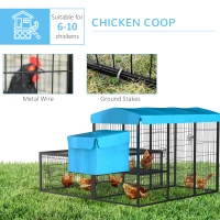 PawHut Metal Chicken Coop, Outdoor Poultry Cage, w/ Run, Nesting Box, Canopy, Blue(m-7)