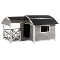 PawHut Outdoor Dog House Cabin Style, Wooden Raised Dog Shelter with Asphalt Roof, Front Door, Side Window, Porch for Medium to Large Dogs, Gray(m-1)