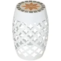 Outsunny 12" Patio Round Side Table, Outdoor Footstool, Garden Mosaic Accent Side Table, Plant Stand, White(m-1)