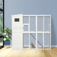 PawHut Wooden Cat Home Enclosure Pet House Shelter Cage Outdoor Play Area Run, White(m-8)