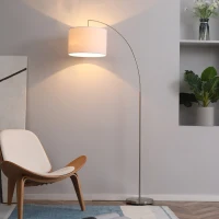 HOMCOM Arc Floor Reading Lamp, Tall Pole Standing Lamp with Hanging Fabric Lampshade for Living Room or Bedroom, Silver/White(m-8)