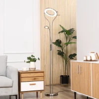 HOMCOM Modern LED 2 Light Floor Lamp, Tall Standing Lamp with Rotatable Ring Light and Height Adjustable Side Light for Living Room or Bedroom, Silver(m-8)