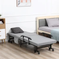 HOMCOM Rollaway Bed, Folding Bed with 3.25" Mattress, Portable Foldable Guest Bed with Adjustable Backrest, and Metal Frame on Wheels, Light Grey(m-2)