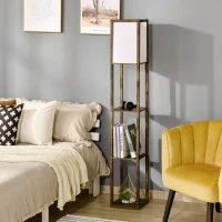HOMCOM 3-Tier Floor Lamp, Standing Reading Light with Storage Shelves for Living Room, Bedroom, or Dining Room, Rustic Brown(m-10)
