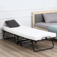 HOMCOM Rollaway Bed, Folding Bed with 4" Mattress, Portable Foldable Guest Bed with Memory Foam, Steel Frame and Wheels, White(m-2)