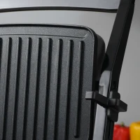 HOMCOM 4 Slice Panini Press Grill, Stainless Steel Sandwich Maker with Non-Stick Double Plates, Locking Lids and Drip Tray, Opens 180 Degrees to Fit Any Type or Size of Food 13"x10.25"x4.75"(m-15)