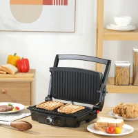 HOMCOM 4 Slice Panini Press Grill, Stainless Steel Sandwich Maker with Non-Stick Double Plates, Locking Lids and Drip Tray, Opens 180 Degrees to Fit Any Type or Size of Food 13"x10.25"x4.75"(m-11)