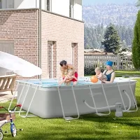 Outsunny 11ft x 7ft x 32in Steel Frame Pool with Nano Filter Pump, Outdoor Rectangular Frame Above Ground Swimming Pool, Light Grey(m-1)