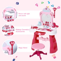 Qaba Kids Vanity Set, Makeup Table Princess Pretend Play for Girls with Lights, Sounds, Stool, Magic Wand, Mirror and Makeup Accessories(m-5)