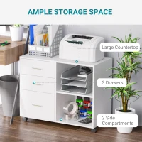 HOMCOM 3 Drawer Printer Stand, Mobile Lateral File Cabinet with 2 Storage Shelves for Home Office, White(m-5)