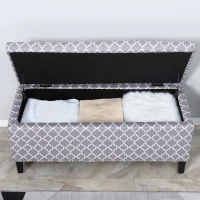 HOMCOM Storage Ottoman, End of Bed Bench with Linen Fabric Upholstery, Lift Top and Nailhead Trim, Storage Bench for Living Room, Entryway or Bedroom, Gray Lattice(m-13)