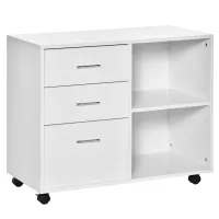HOMCOM 3 Drawer Printer Stand, Mobile Lateral File Cabinet with 2 Storage Shelves for Home Office, White(m-1)