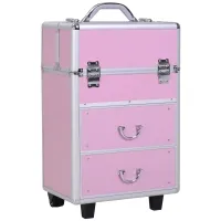 HOMCOM Professional Rolling Full Makeup Travel Train Case, Large Storage Cosmetic Trolley with Folding Trays, Drawer and Locks, Bubblegum Pink(m-1)