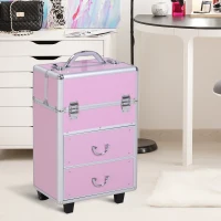 HOMCOM Professional Rolling Full Makeup Travel Train Case, Large Storage Cosmetic Trolley with Folding Trays, Drawer and Locks, Bubblegum Pink(m-7)