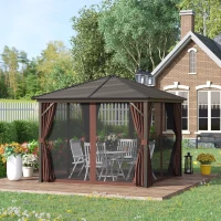 Outsunny 10' x 10' Hardtop Gazebo with Curtains and Netting, Permanent Pavilion Metal Single Roof Gazebo Canopy with Aluminum Frame and Hooks, for Garden, Patio, Backyard, Dark Brown(m-2)